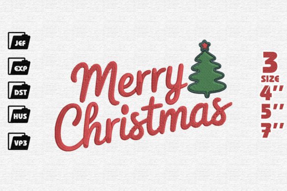 Merry Christmas Script with Tree Embroidery Design