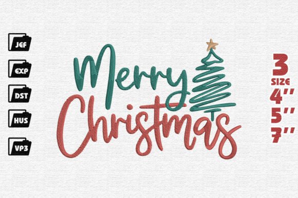 Modern Merry Christmas Script with Scribble Tree Embroidery